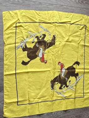 Vintage Yellow Equestrian Scarf Horse Jumping Jockey Novelty Print Bandana 26"